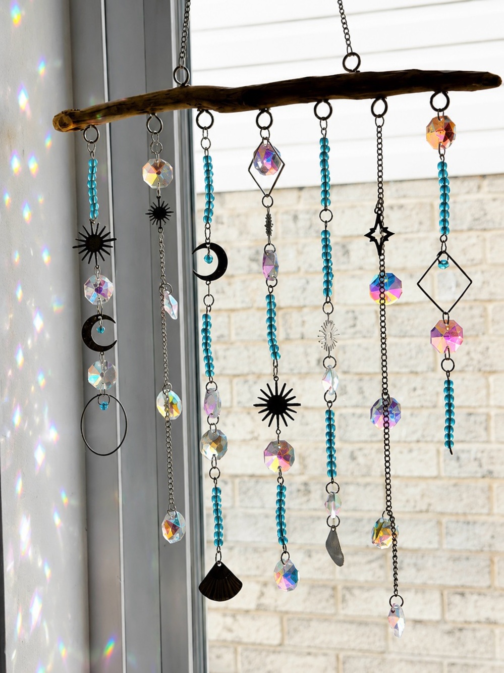 Turquoise Bead & Crystal Hanging Sun Catcher- Driftwood Accent